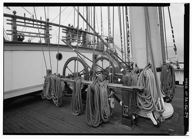 39.  Main starboard fife rail and bilge pumps at mainmast. - Ship BALCLUTHA, 2905 Hyde Street Pier, San Francisco, San Francisco County, CA