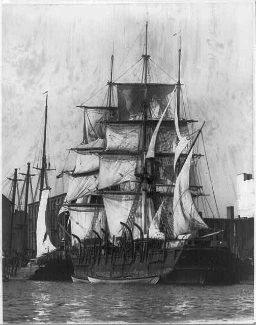 Drying sails, whaler CHARLES W. MORGAN [in dock]