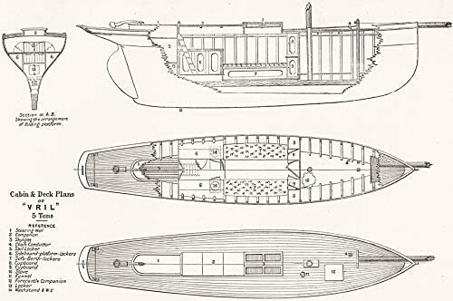 Boats. Cabin Plan of 'Vril'. &amp; Deck Plans 5 tons - 1891 - Old Print - Antique Print - Vintage Print - Printed Prints of Boats