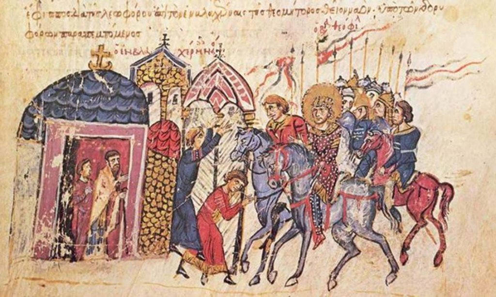 Byzantine emperor Theophilus (829 - 842 AD), on horseback. Chronicle of John Skylitzes 13th Century (Public Domain)