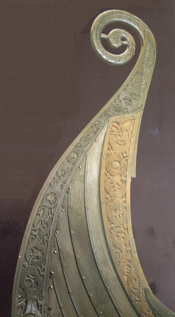 The restored prow of the Oseberg ship shows intricate carving. (Saga of the Norsemen: Viking and German Myth; Loren Auerbach & Jacqueline Simpson; London 1997, pg 21)
