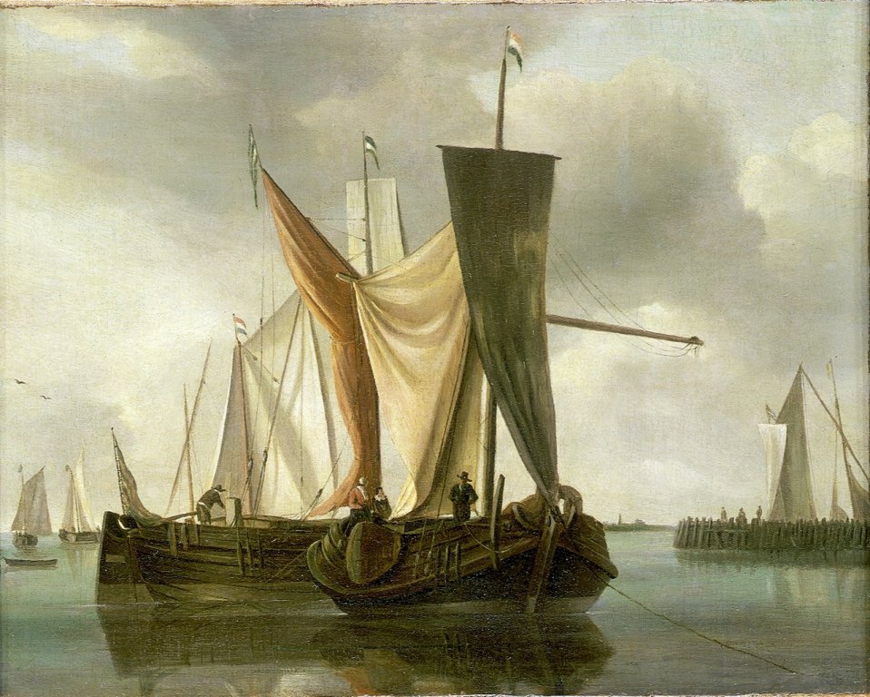Dutch fishing boats becalmed near a jetty.jpg