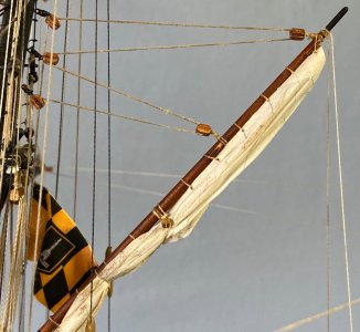 Furled fore sail to gaff, fore peak halliard rigging